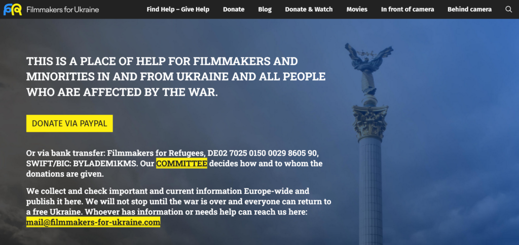 Screenshot Startseite Filmmakers for Ukraine
