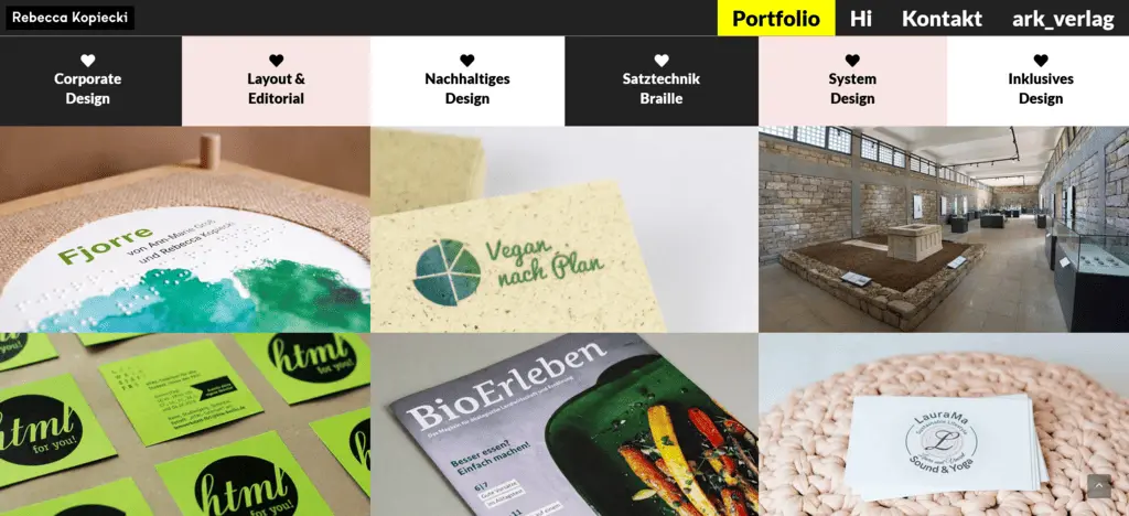 Startseite Website mit Portfolio-Sektion von Rebecca